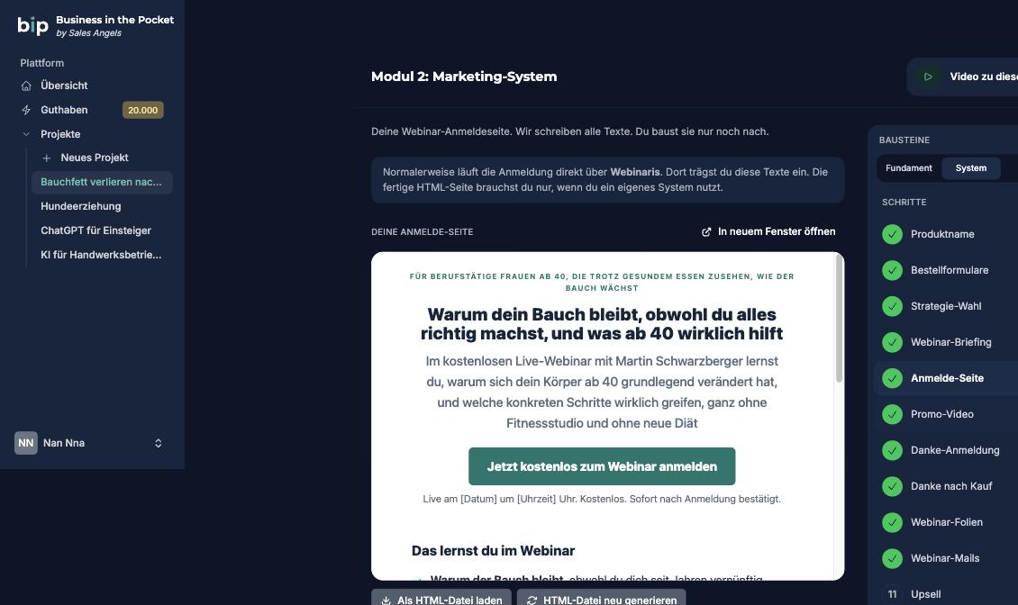 Von der KI erzeugte Webinar-Anmeldeseite in Business in the Pocket