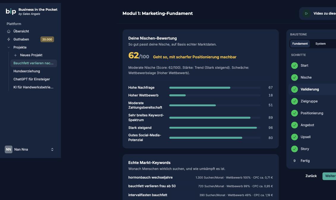 Nischen-Validierung in Business in the Pocket mit Score 62 von 100