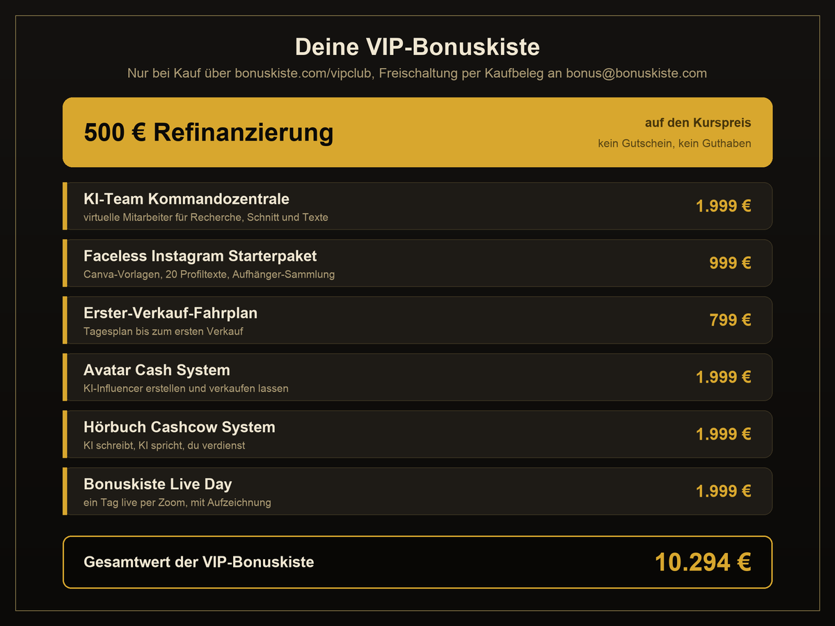 Bonuskiste zum VIP Affiliate Club 6.0: 500 Euro Refinanzierung und sechs Boni im Gesamtwert von 10.294 Euro
