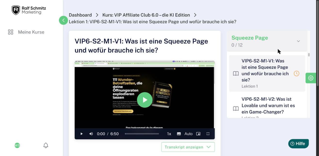 Typische Lektion im VIP Affiliate Club 6.0: Was ist eine Squeeze Page, mit Modulübersicht Squeeze Page 12 Lektionen