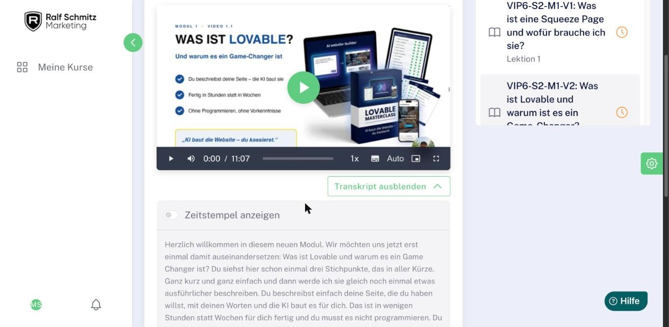 Lektion Was ist Lovable im VIP Affiliate Club 6.0, 11 Minuten, mit aufgeklapptem Transkript unter dem Video