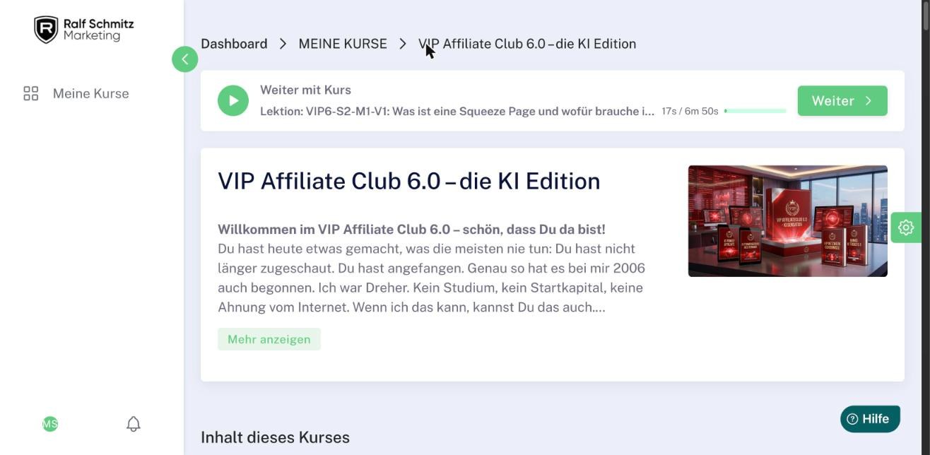 Mitgliederbereich des VIP Affiliate Club 6.0: Kursstart mit Willkommenstext von Ralf Schmitz, Vorabzugang am 29. September 2026