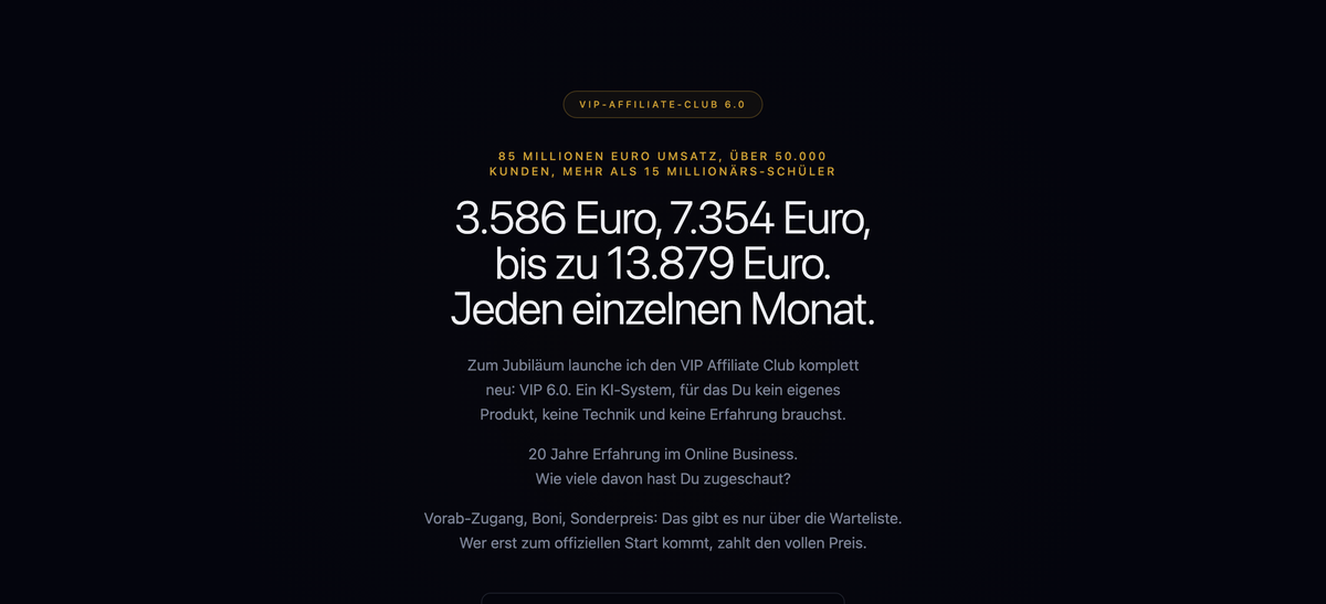 Screenshot der Warteliste zum VIP Affiliate Club 6.0 von Ralf Schmitz, geöffnet am 15. September 2026