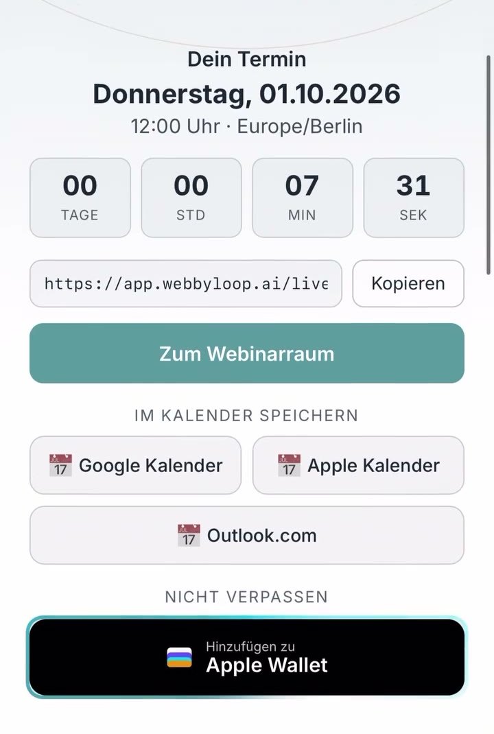 Webbyloop Danke-Seite mit Countdown, Kalender und Apple-Wallet-Knopf