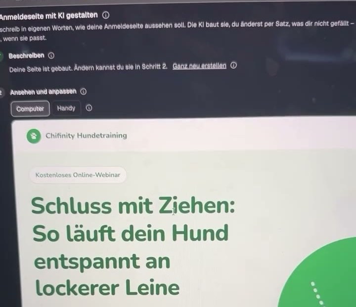 Von der KI in Webbyloop gebaute Anmeldeseite für Hundetraining