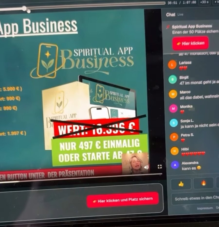 Webbyloop Webinarraum mit Chat, Reaktionen und Angebot